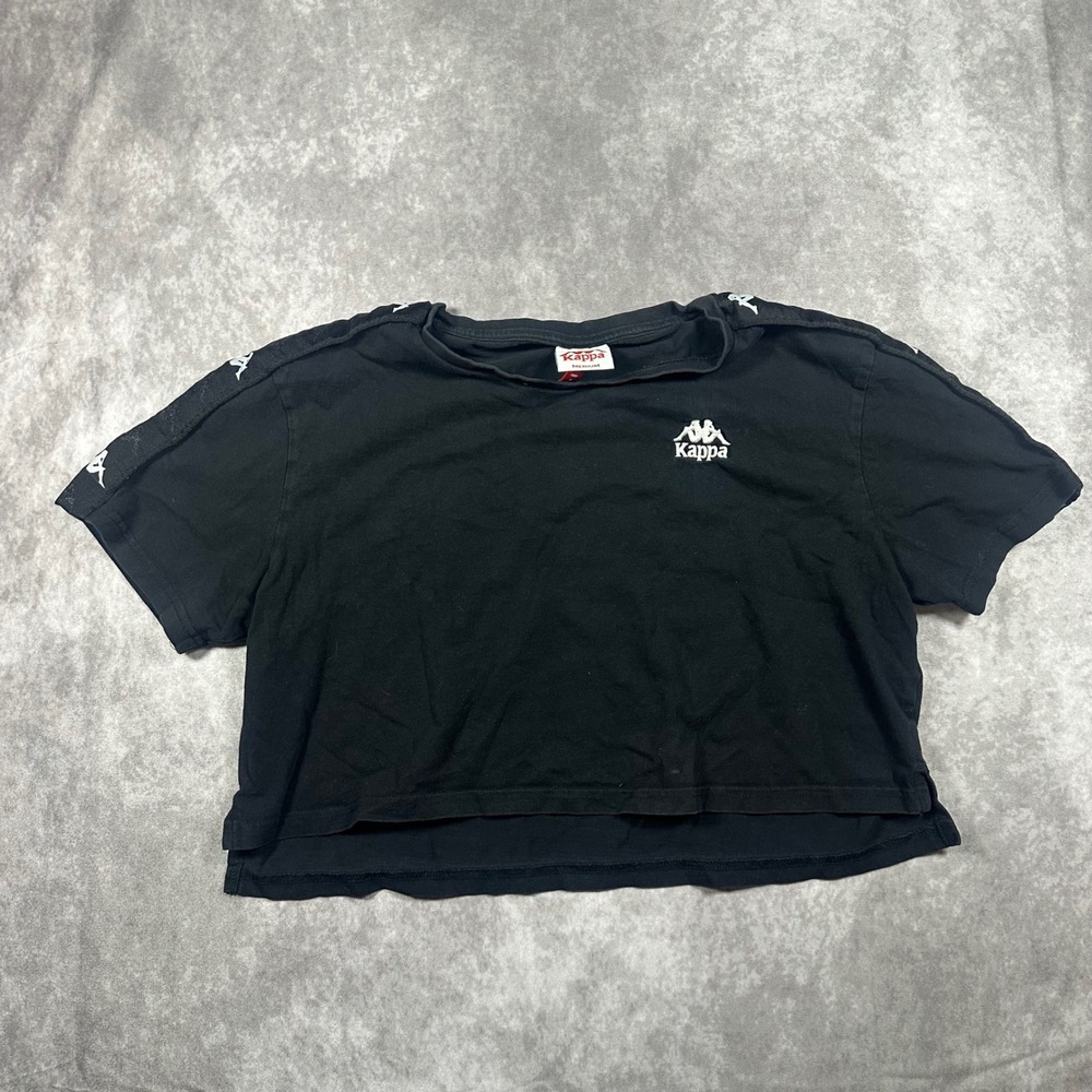 Kappa Womens Black Cropped T-Shirt Medium Logo Tape Short Sleeve Streetwear Y2K